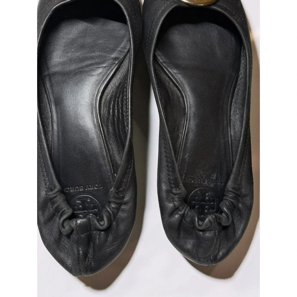 Tory Burch Reva Ballet Flats Gold Medallion Black Leather Comfy Stretch Size 10